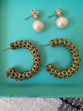 Kate Spade Earring Bundle – Emerald Crystal Hoops & Pearl Studs